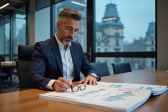 Syndic de copropriété analysant l'indice INSEE du coût de la construction 2026 dans un bureau moderne à Paris