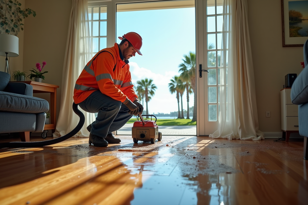 Technicien en sécurité réparant un sol inondé dans une maison en Floride avec palmiers