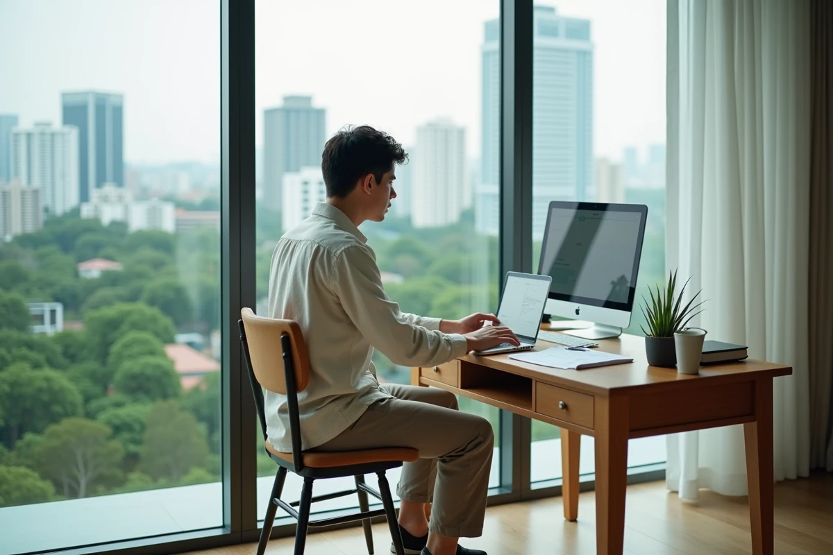 Télétravailleur installé dans un condo moderne à Bangkok avec vue sur la skyline thaïlandaise, travaillant sur un contrat de location