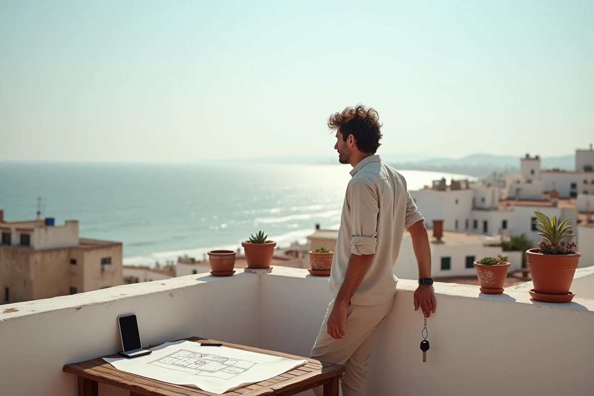 Locataire sur une terrasse d'appartement à Essaouira avec vue panoramique sur l'océan Atlantique et la médina lors d'une location longue durée