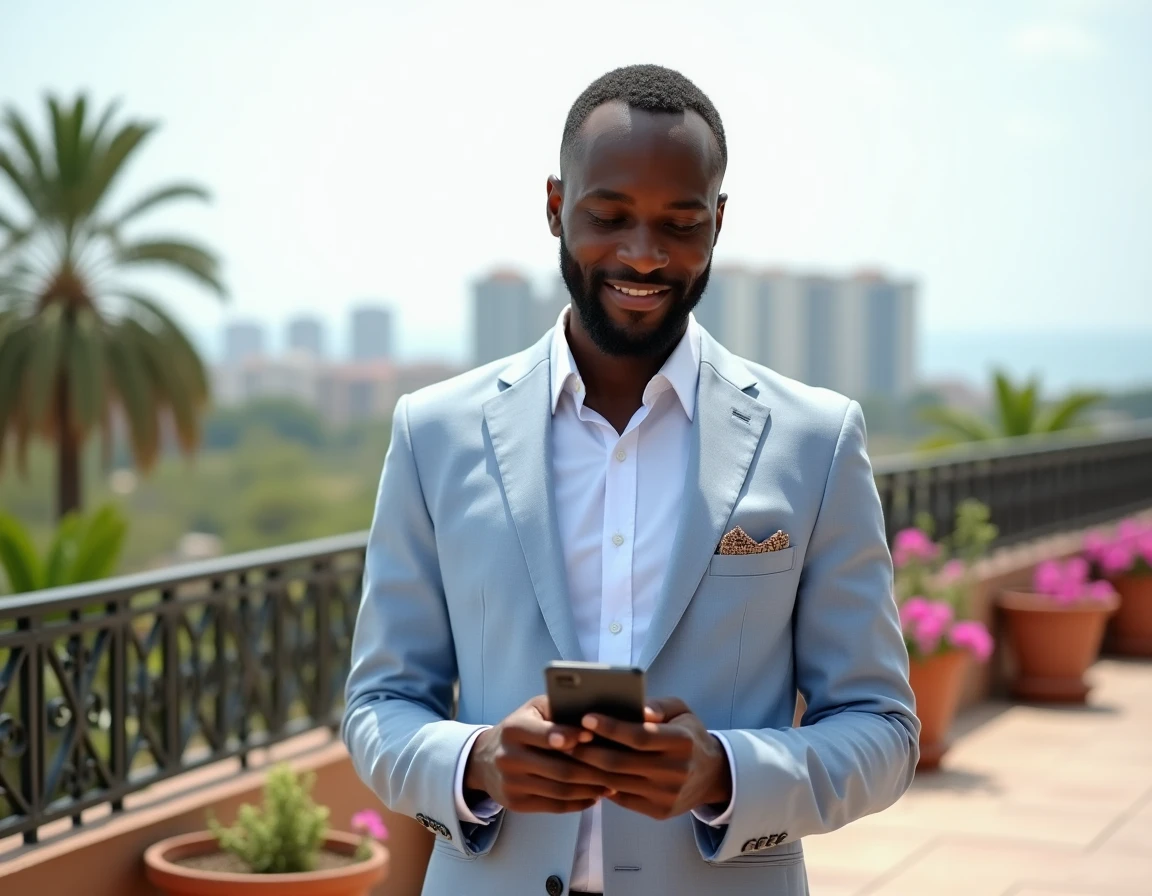 Homme en costume lin sur la terrasse d'un appartement premium à Dakar avec vue sur la skyline et l'océan