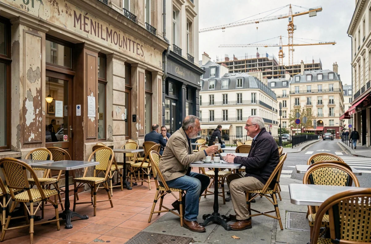 Terrasse de bistrot animée rue Sorbier à Ménilmontant Paris 20e, contrastes entre vie de quartier traditionnelle et mutations urbaines contemporaines