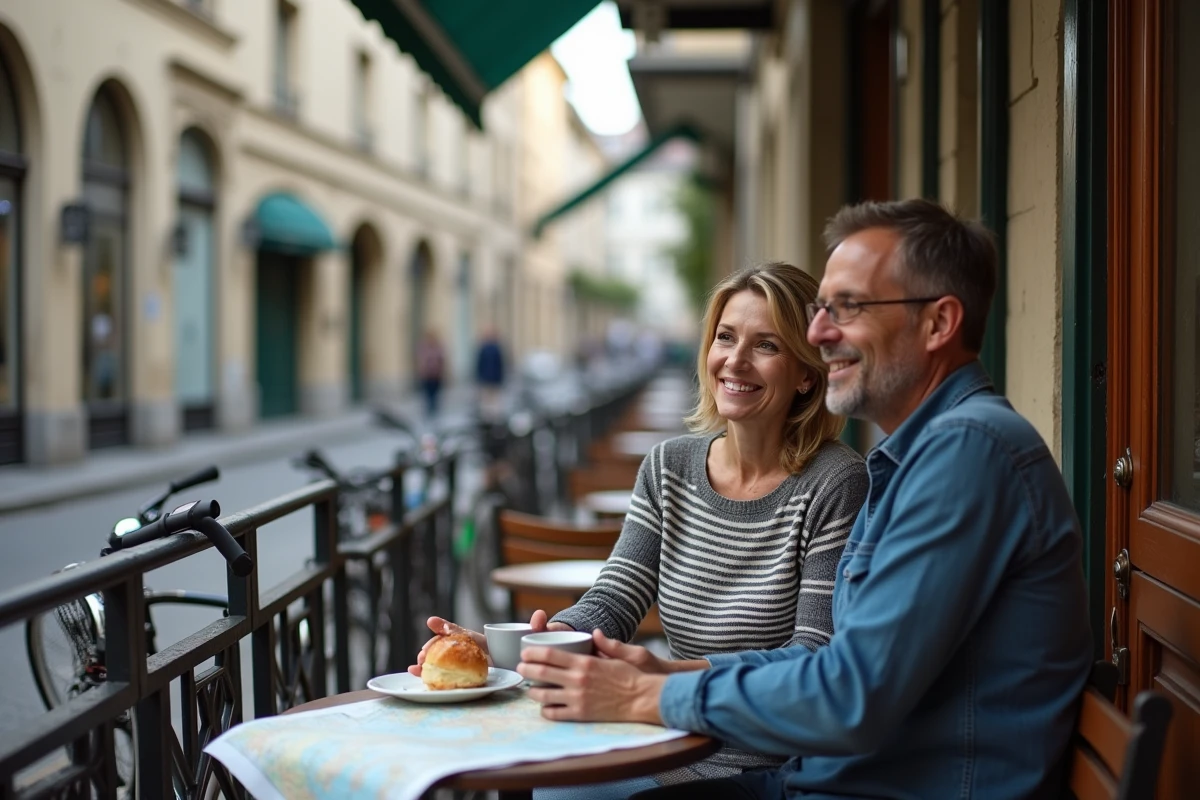 Couple attablé en terrasse dans le centre de Grenoble illustrant la vie de quartier accessible à pied