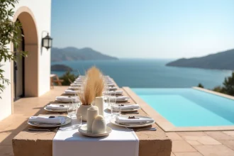 Terrasse de villa de luxe à Ibiza dressée pour un dîner intimiste avec table en pierre, vaisselle céramique et vue sur la Méditerranée