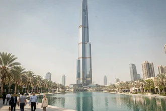 Vue extérieure de la tour Almas à Dubaï dans le quartier JLT avec les lacs artificiels et la promenade en premier plan