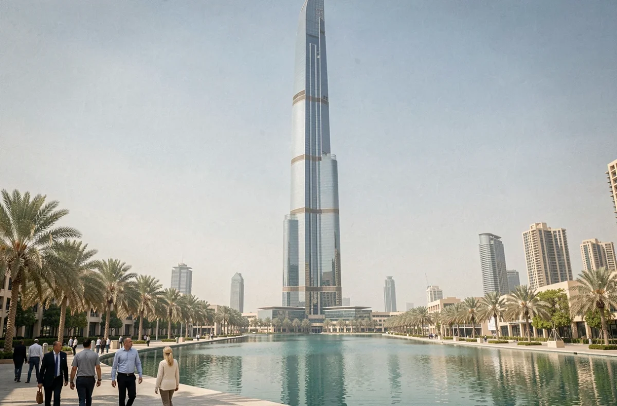 Vue extérieure de la tour Almas à Dubaï dans le quartier JLT avec les lacs artificiels et la promenade en premier plan
