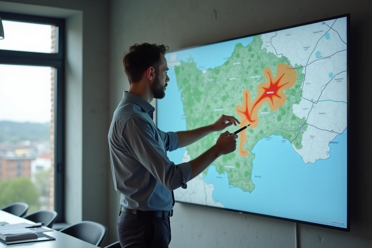Urbaniste pointant une carte de zonage géorisques sur écran mural dans une salle de planification municipale, illustrant l'outil ERRIAL pour l'obligation d'information acquéreur locataire