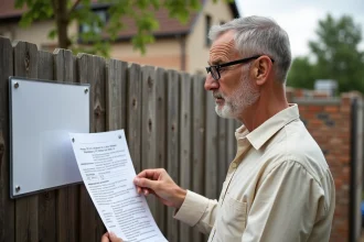 Homme consultant un panneau de permis de construire affiché sur une clôture de chantier résidentiel en France