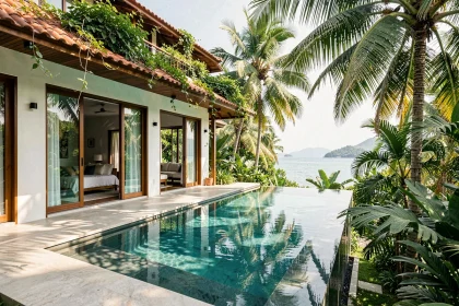 Villa de luxe avec piscine à débordement à vendre à Koh Samui, Thaïlande, entourée de palmiers tropicaux