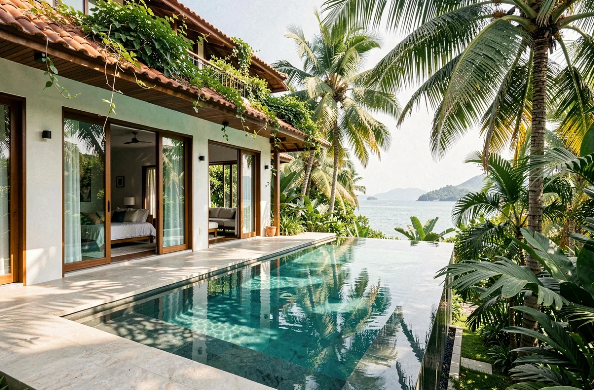 Villa de luxe avec piscine à débordement à vendre à Koh Samui, Thaïlande, entourée de palmiers tropicaux