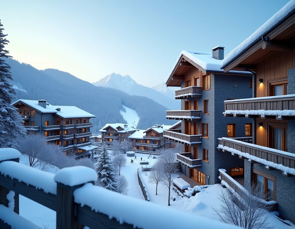 Vue panoramique sur le village des Menuires en hiver avec immeubles et résidences à vendre dans les 3 Vallées