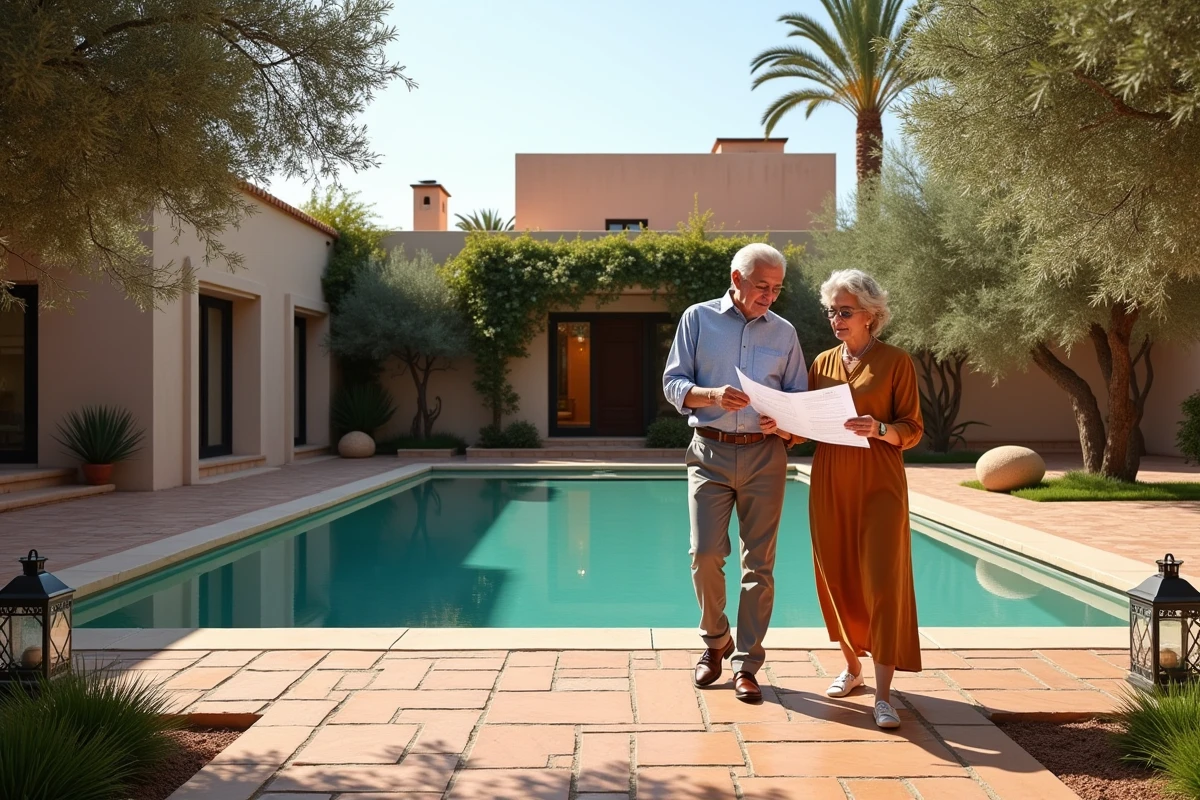 Couple visitant le jardin et la piscine d'une villa à vendre à Marrakech lors d'une estimation immobilière