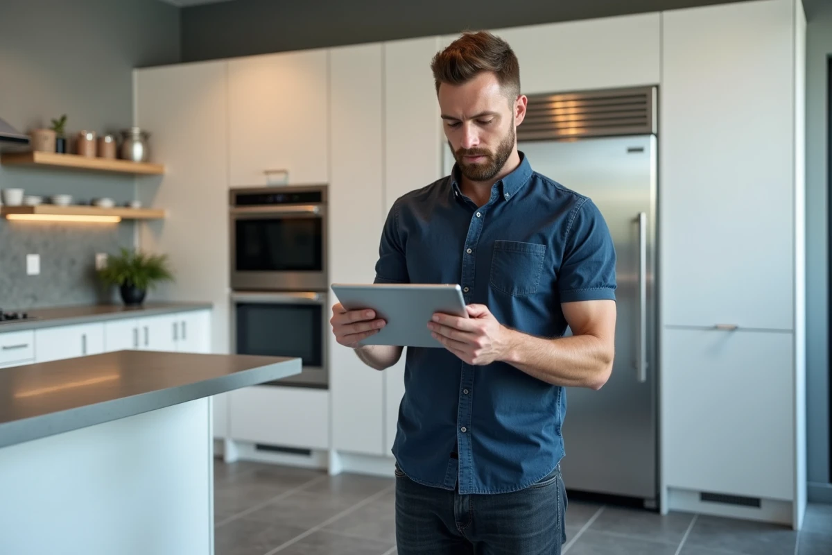 Homme consultant une visite virtuelle 360 sur tablette dans une cuisine moderne pour comparer les détails d'un bien immobilier à distance