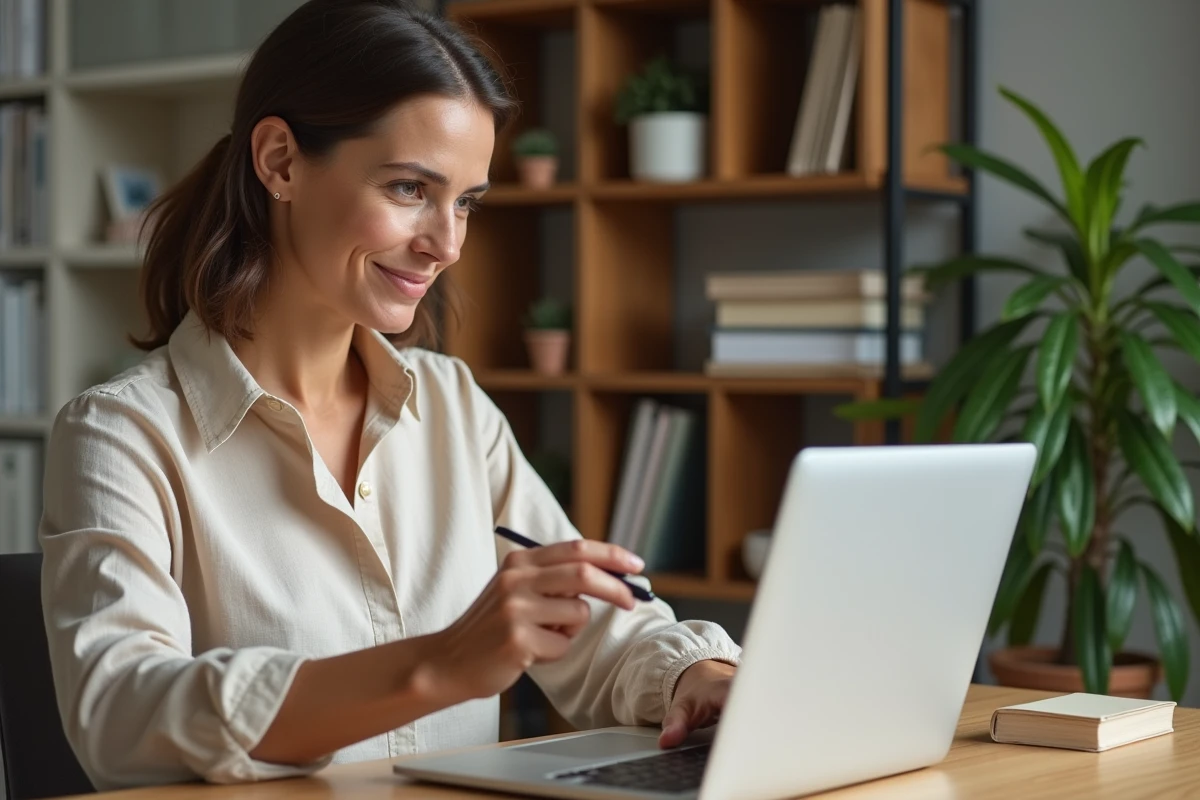 Femme utilisant une visite virtuelle 360 degrés sur un ordinateur portable pour explorer une maison à distance depuis son bureau à domicile