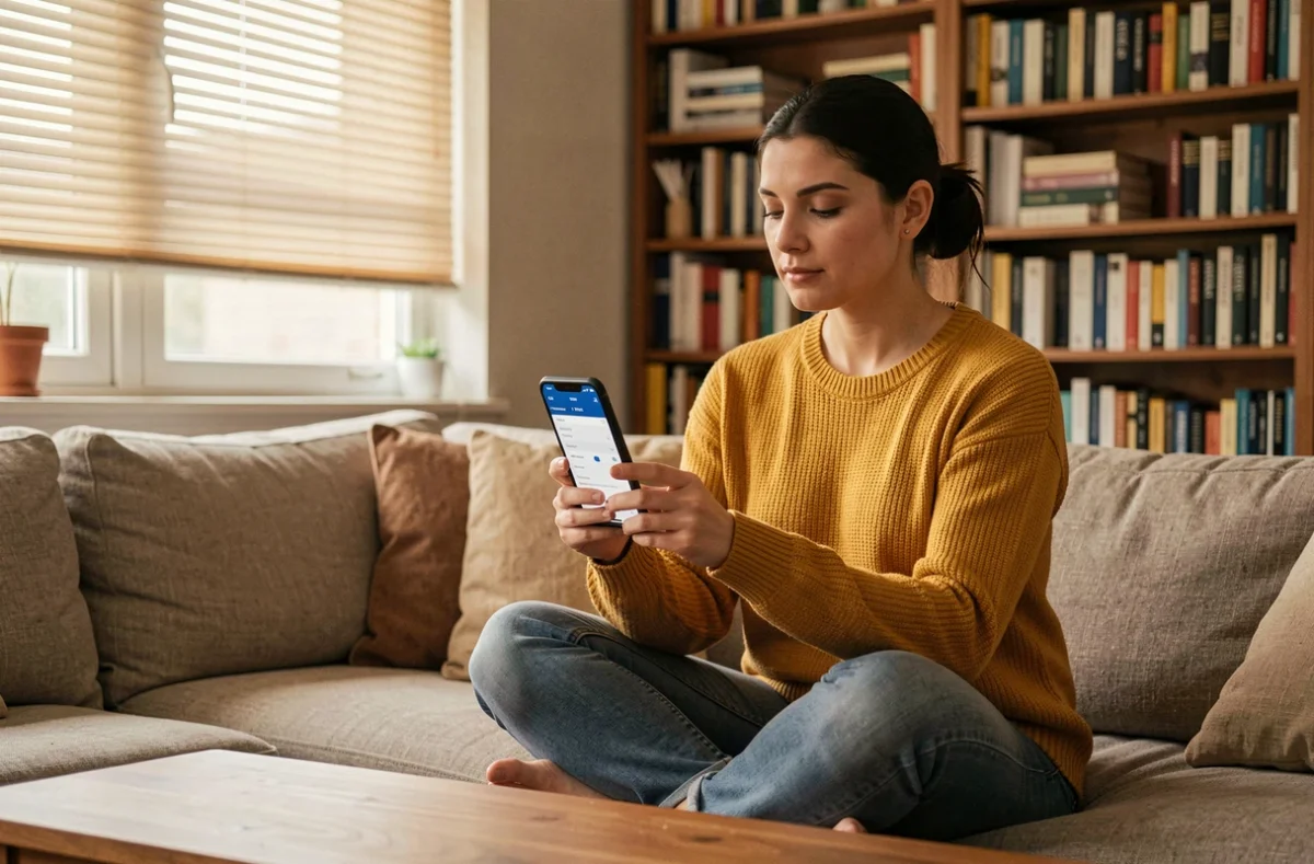 Femme utilisant un VPN sur smartphone pour accéder à un site bloqué depuis son salon