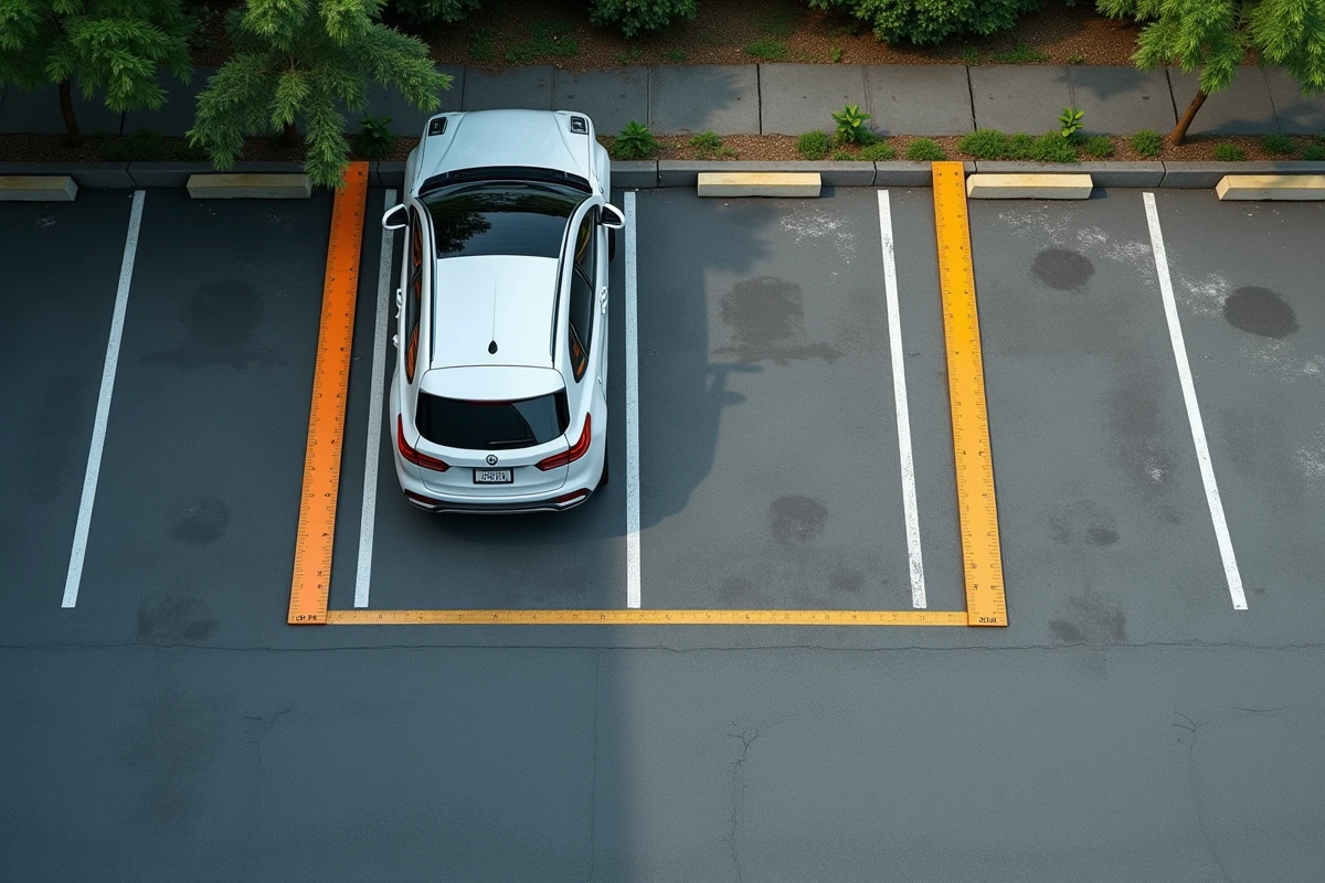 Vue en plongée d'une place de parking résidentielle mesurée avec une règle pliante orange pour vérifier la largeur réglementaire